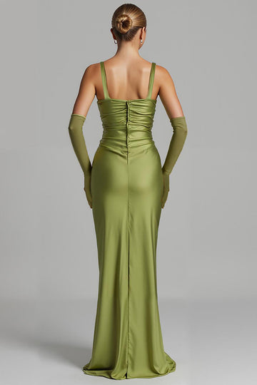 Mermaid Sage Green Satin Maxi Formal Dress with Sleeves